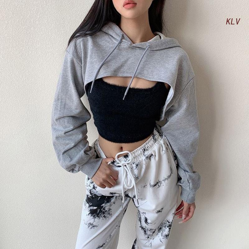 Womens Long Sleeve Cropped Hoodies Sweatshirt Aesthetic Punk Hip-Hop Dance Plain Sexy Rave Cutout Loose Super Crop Top