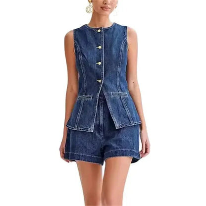 2024 Vintage Casual Denim Suits Back Split Women Sleeveless Button Splicing Slim Jacket Female Two Piece Sets High Waist Shorts