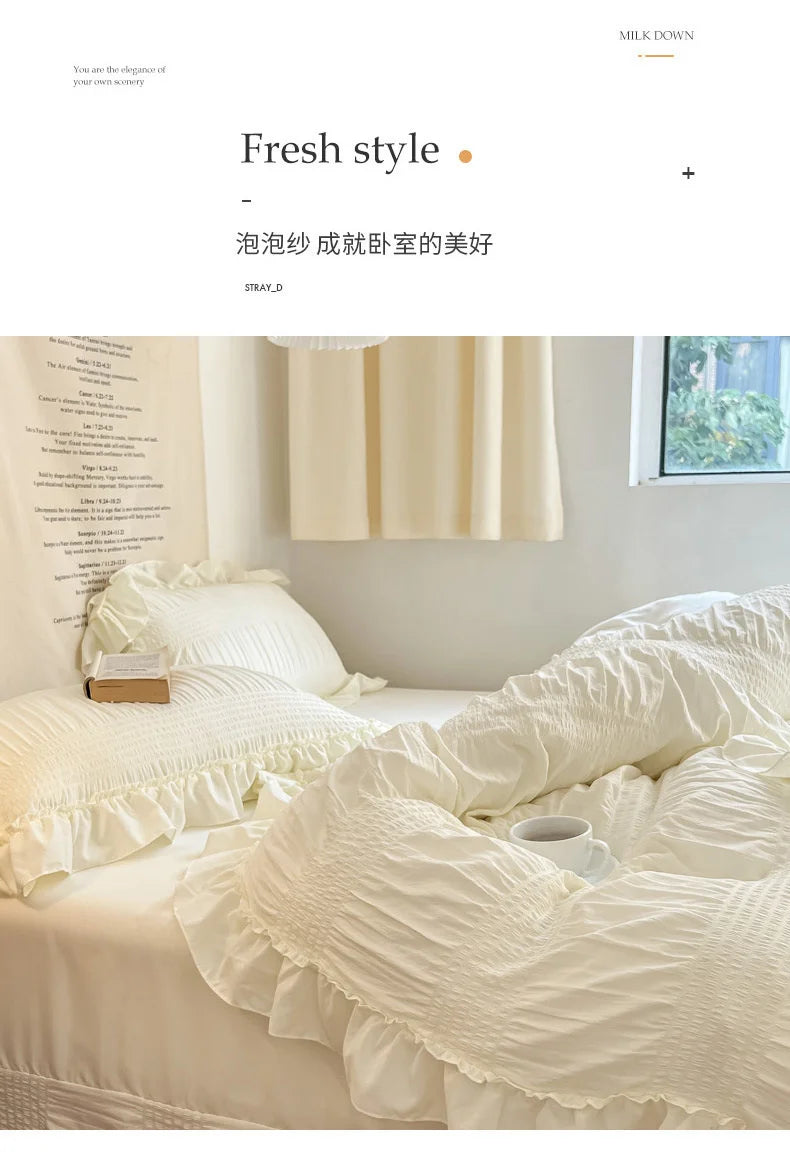 Ins Style Korean Bedding Set Lace Seersucker 4-piece Bed Sheet Set Quilt Cover Solid Duvet Cover For Girl Spring Decor Home