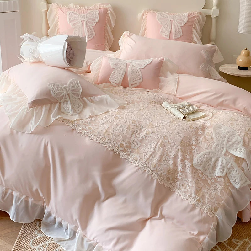 Korean Princess Bedding Set Coquette Lace Bow  Beauty Solid Color Lace Ruffle Comforter Sets Luxury Girls Wedding  Duvet Cover