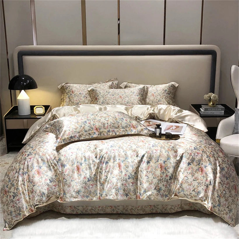 Blend Mulberry Silk 4 Pieces Bedding Set, 1PC Duvet Cover, 1PC Bed Sheet, 2PCS Pillowcases, Luxury Home Textiles Bedclothes