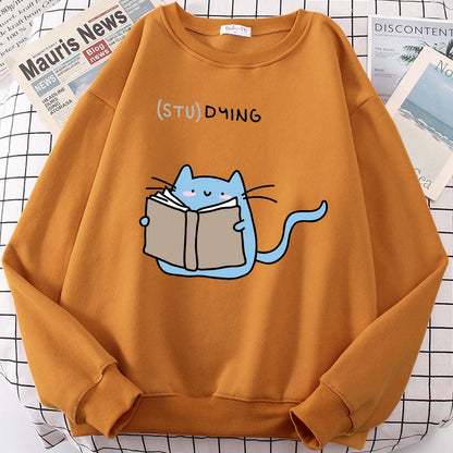 Females Sweatshirts Love Studing Cute Cat Printed Tops Womens Korean Fashion Oversize Sweater Kawaii Animal 2022 New Lady Hoodie