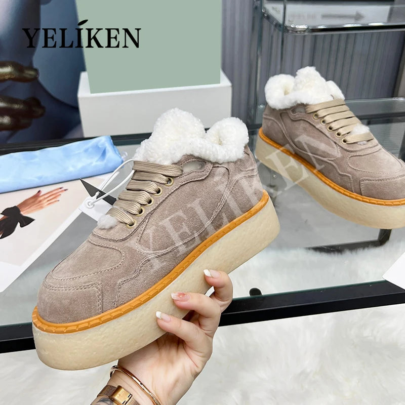 2024 Winter Trend Woman Wool Chunky Casual Shoes Ladies Lace-up Platform Cotton Shoes Slip-On Cow Suede Women Shoes Large Size