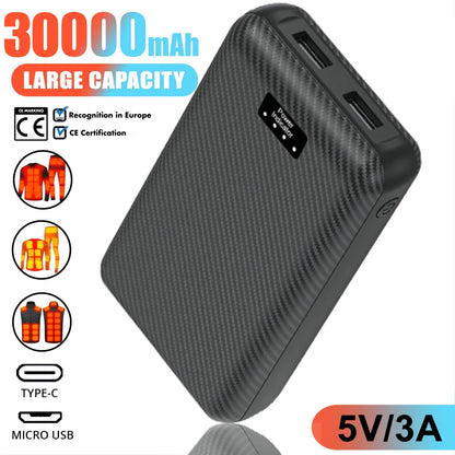 30000mAh Power Bank 5V 3A  Portable Charger Charging Power Supply Phone External Battery For Heated Vest Socks Heated Clothing