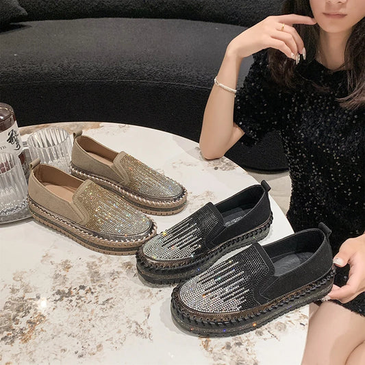 2025 New High Quality Women's Water Diamond Casual Shoes Shiny Flat Vulcanized Shoes Luxury Designer Thick Bottom Casual Shoes