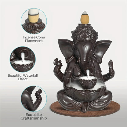 1pc Ganesha Waterfall Incense Burner, Ceramic Backflow Censer Incense Holder, Yoga Aromatherapy Elephant Ornament Home Decor