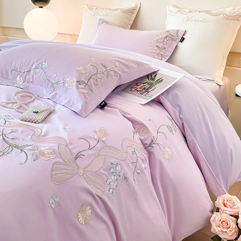 100% Cotton Bed Linen 4 Pcs Embroidered Comforter Bedding Set Couple Duvet Quilt Cover Double Sheets Set and Pillow Case Luxury