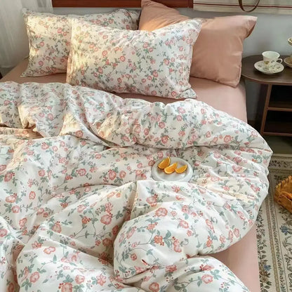 Ins Pink Flowers Bedding Set Fashion Flat Sheet Duvet Cover No Filling Pillowcase Twin Full Queen Nordic Boy Girl Bed Linen