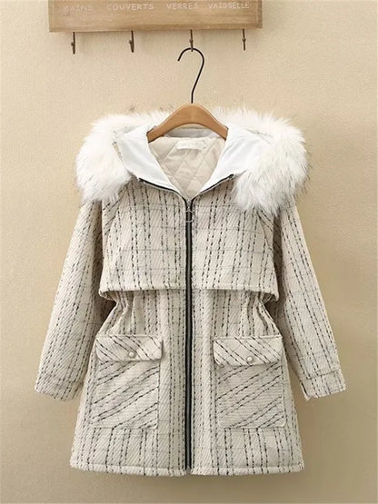 Plus Size Women's Clothing Quality Winter Jacket Detachable Fur Collar Hooded, Cotton And Thickened Windbreaker Tweed Fabric