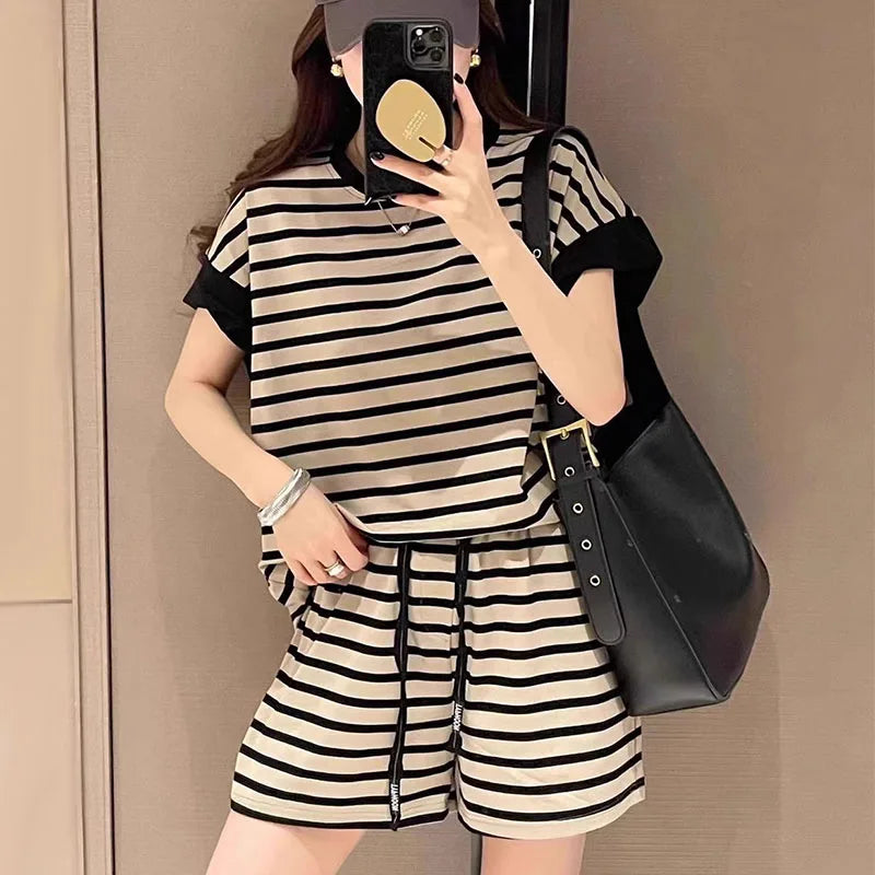 Women Striped Clothing Sets Short Sleeve T-shirt+Drawstring Shorts Two Pieces Suits Summer Loose Tracksuit Ladies Casual Outfits