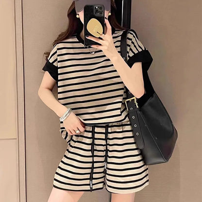 Women Striped Clothing Sets Short Sleeve T-shirt+Drawstring Shorts Two Pieces Suits Summer Loose Tracksuit Ladies Casual Outfits