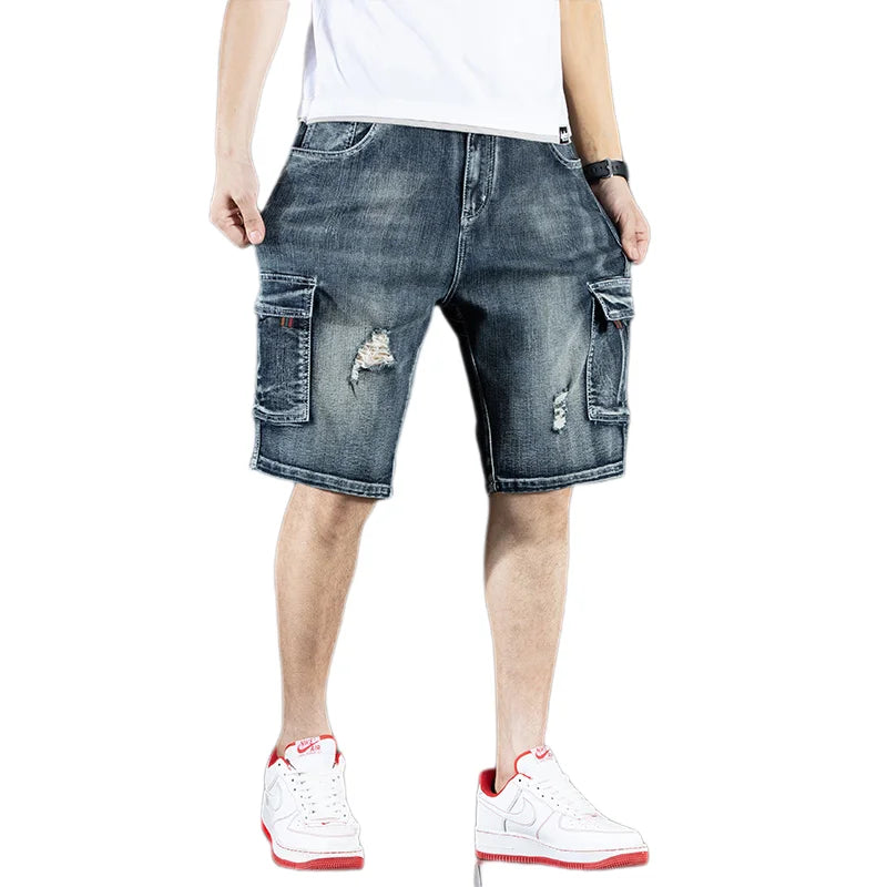 Summer New Jeans Men's Trendy Brand Piercing 5 Shorts Men's Loose Multi Pocket Work Pants Men's Outdoor Clothing