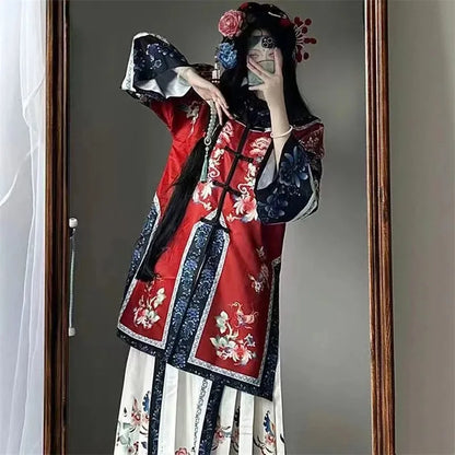 Original Qing Han Women Restoration Hanfu Double breasted Ethnic Clothing Heavy Industry Printed Horse Face New Qing Dynasty Set