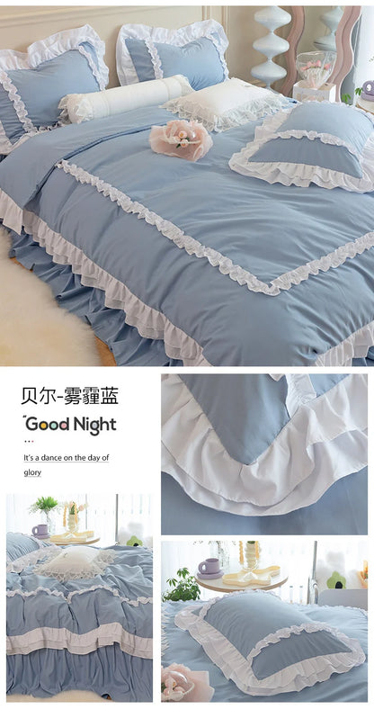 Korean Ins Bedding Set, Luxury Quilt Cover, Pillowcase Flat Bed Sheets, Simple Girl Princess Ruffle Home Textiles