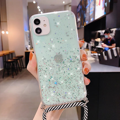 With Neck Strap Rope Cord Clear Glitter Case for iphone 11 12 13 14 15 pro max se 2 2020 2022 Crossbody Lanyard Cover Fundas