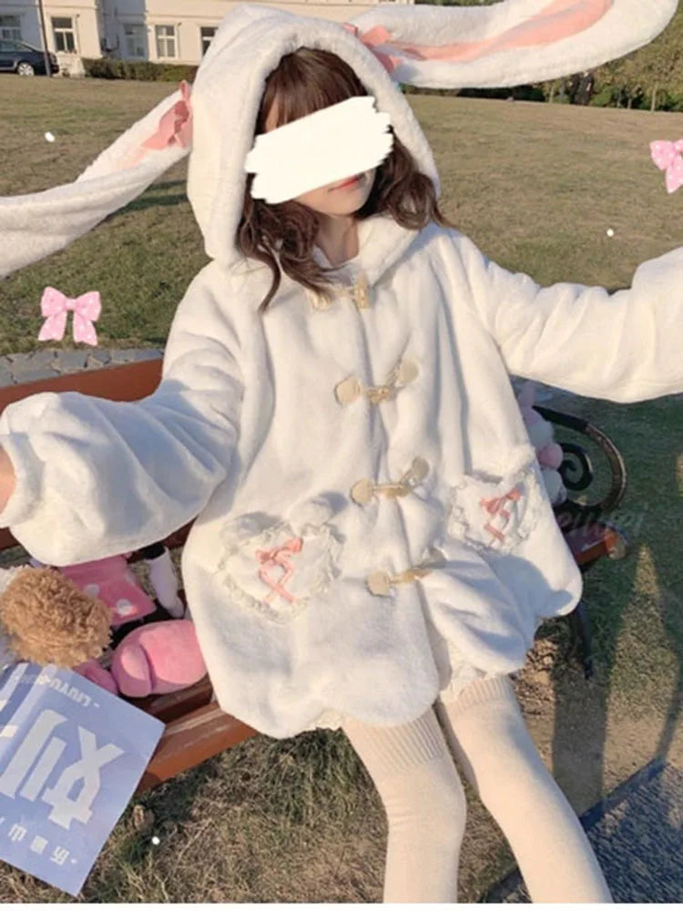 Japanese White Kawaii Plush Sweatshirt Jacket Casual Warm Rabbit Ears Hoodies Female Autumn Winter Cute Bow Sweatshirts Coats