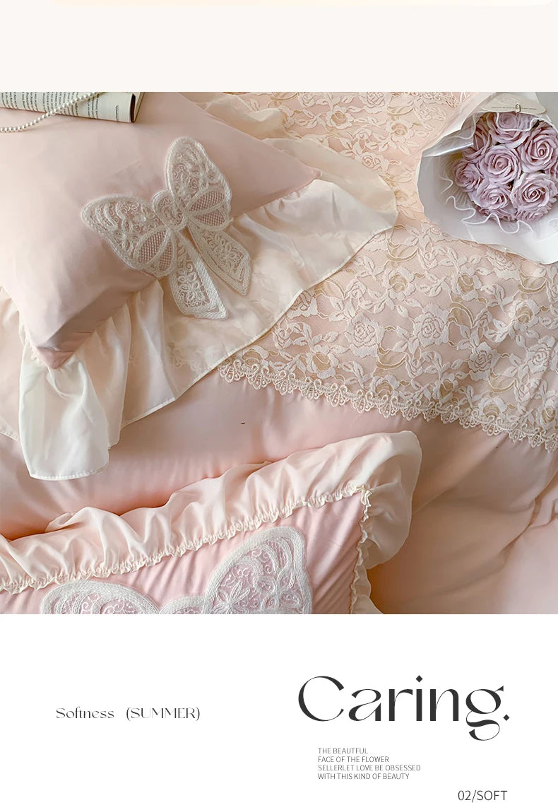 Korean Princess Bedding Set Coquette Lace Bow  Beauty Solid Color Lace Ruffle Comforter Sets Luxury Girls Wedding  Duvet Cover