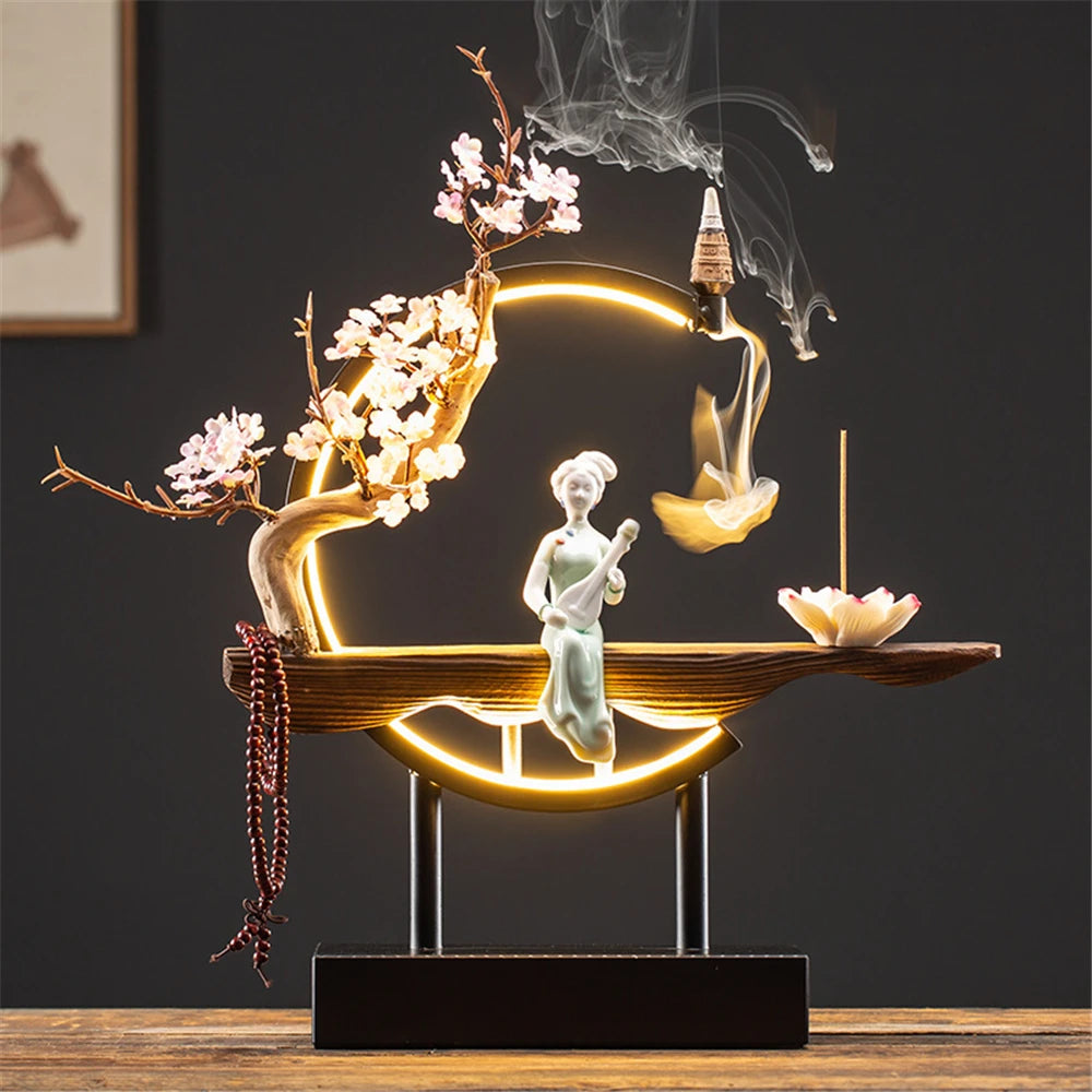 Ceramic Maid Wood Backflow Incense Burner with 20 cone USB Led Light Circle Lotus Buddha Beads Home Office Decoration Furnishing