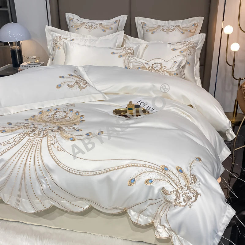 Nordic Bedding Set Luxury Gold Feather Embroidery 100 Egyptian Cotton Double Duvet Cover Bed Sheets and Pillowcases Bed Set