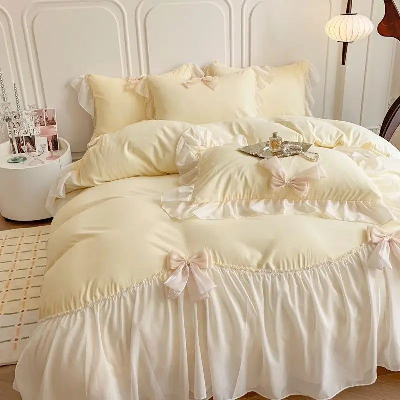 French Princess Style Bedding Sets Ruffle Lace Bow Quilt Cover Romantic Bedclothes Decor Woman Girls Bedroom Duvet Cover 4pcs