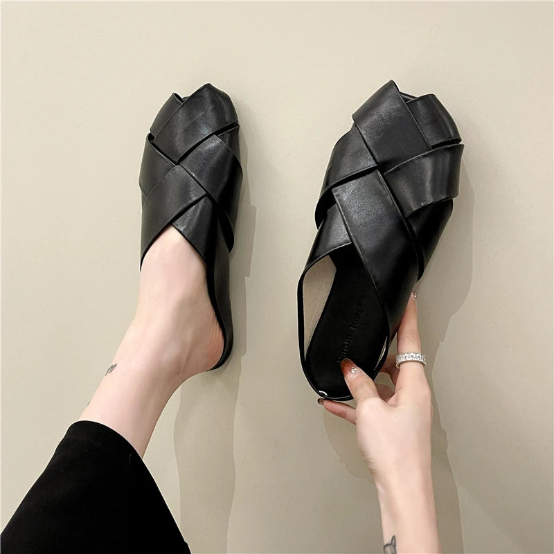 Shoes Women Female Slippers Slides Cover Toe Loafers Fashion Soft 2022 Flat Luxury Rubber PU Fretwork Basic Loafers Female Shoe