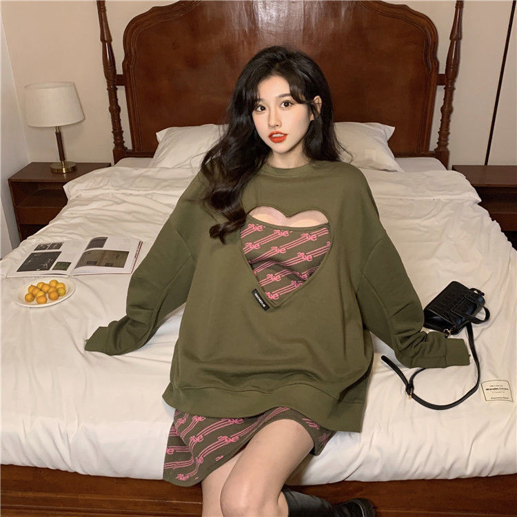 Women Clothing 2022 Spring Autumn Women Fashionable Heart Hollow Out Long Sleeve Hoodie Dress Casual Sweet Women Two Piece Set