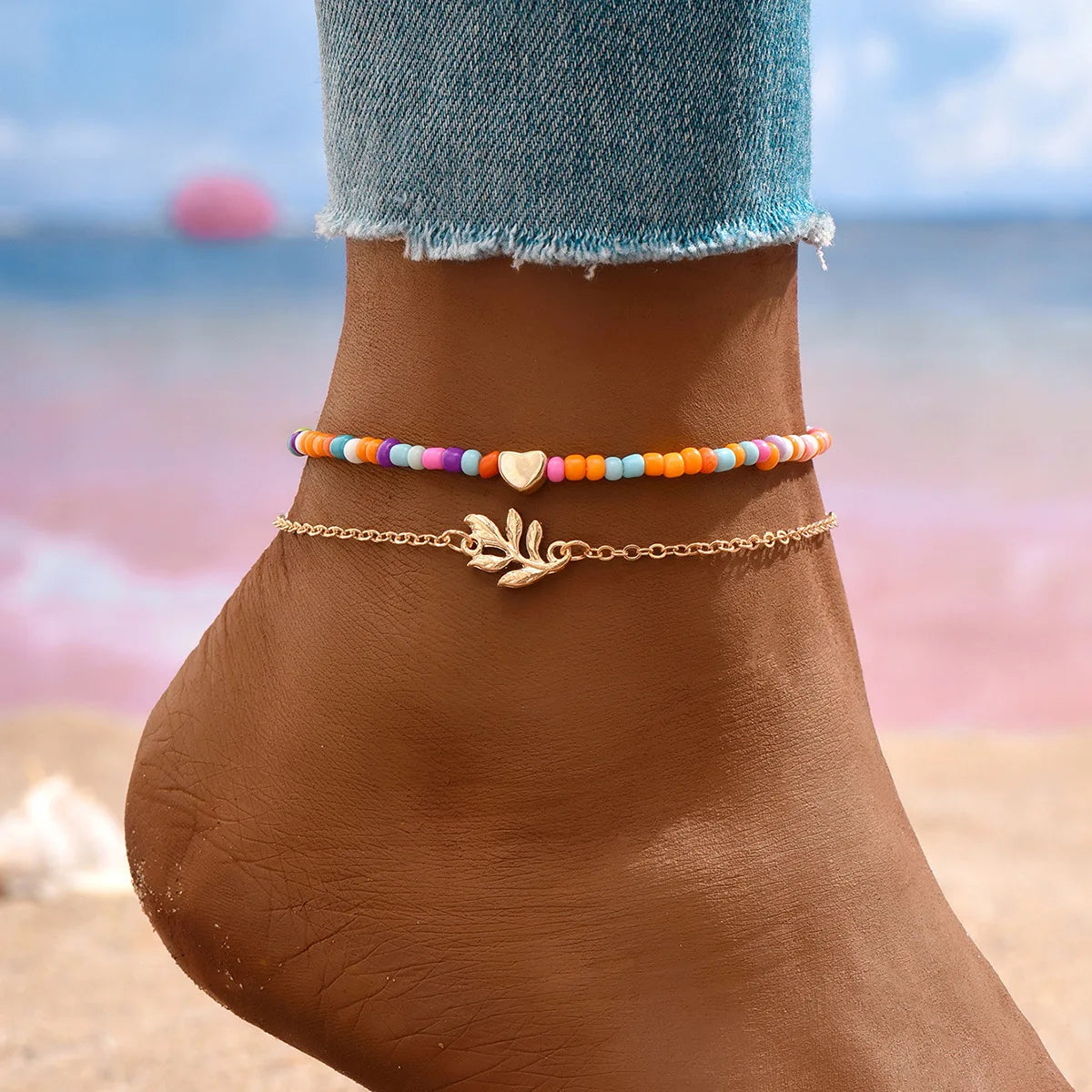 4pcs/set Boho Multilayer Beads Heart Chain Anklet Bracelet Charm Anklet Sandals Barefoot Beach Foot Bridal  Jewelry J043