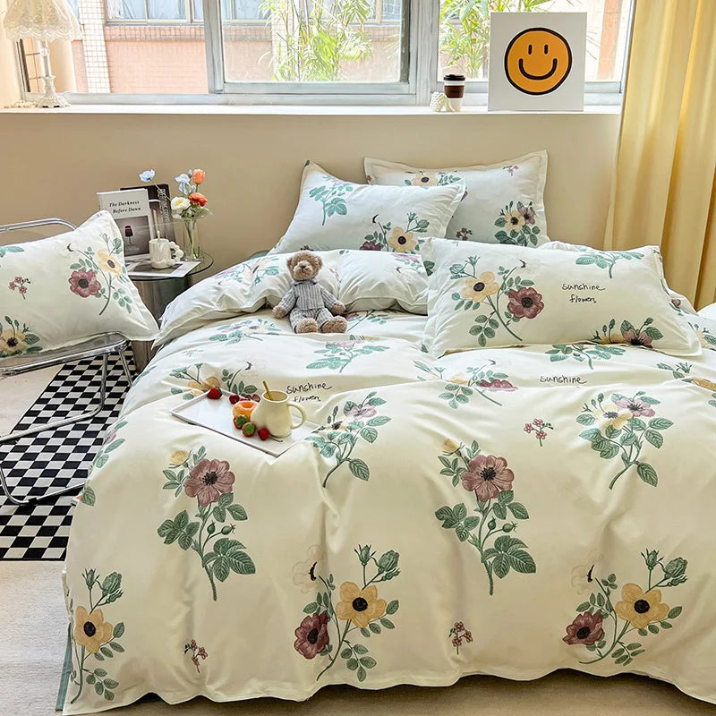 Ins Pink Flowers Bedding Set Fashion Flat Sheet Duvet Cover No Filling Pillowcase Twin Full Queen Nordic Boy Girl Bed Linen