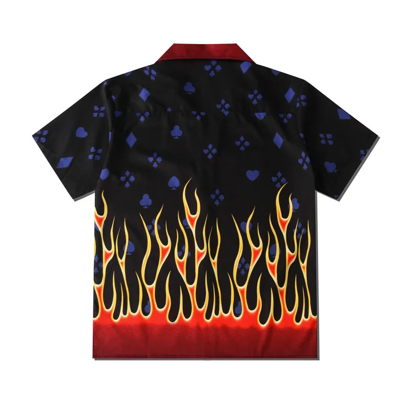 Stylish Flame Skull Printed Hawaiian Shirt Men 2024 Summer New Short Sleeve Beach Shirts Mens Holiday Party Oversized Clothing