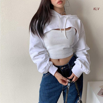 Womens Long Sleeve Cropped Hoodies Sweatshirt Aesthetic Punk Hip-Hop Dance Plain Sexy Rave Cutout Loose Super Crop Top