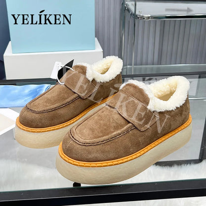 2024 Winter Trend Woman Wool Chunky Casual Shoes Ladies Lace-up Platform Cotton Shoes Slip-On Cow Suede Women Shoes Large Size