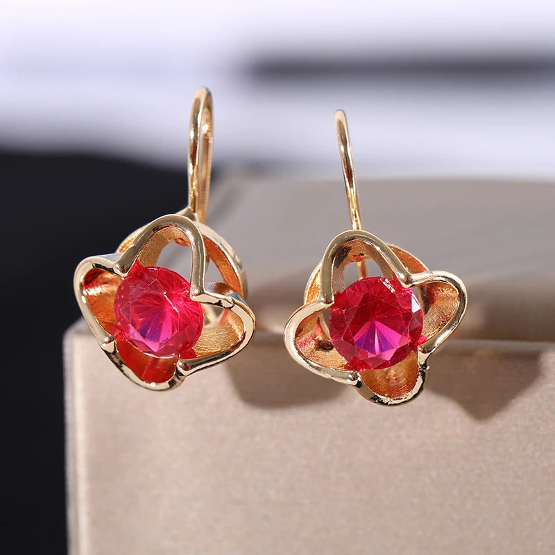 Exquisite Fashion Women Gold Plated Red Dangle Earrings for Girls Princess Party Wedding Engagement Christmas Jewelry