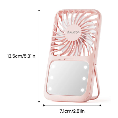 Handheld Mini Fan, 3 Speed Portable Lash Fan Makeup Mirror with LED Light, 2000mAh USB Rechargeable Personal Desk Fan with Stand