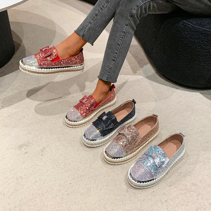 Fashion Women Shoes Shining Rhinestone Loafer Bowknot Slip-on Thick Botton Casual Ladies Crystal Female Platform Sneakers Sports