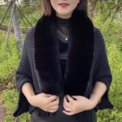 Ladies Knitted Loose Thickened Shawl Autumn Imitation Rabbit Fur Collar Sweater Winter Cardigan Knitted Wool Shawl Sweater Tops