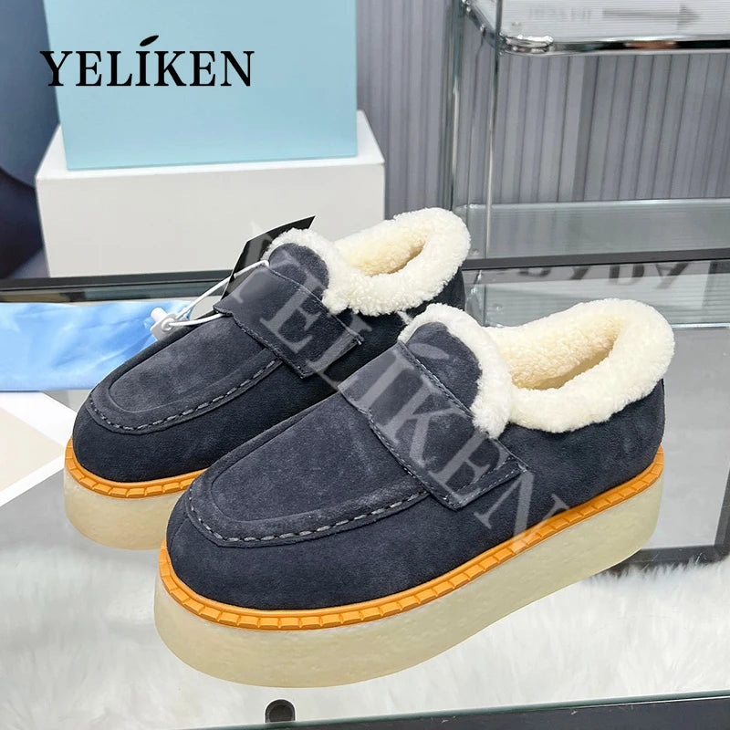 2024 Winter Trend Woman Wool Chunky Casual Shoes Ladies Lace-up Platform Cotton Shoes Slip-On Cow Suede Women Shoes Large Size