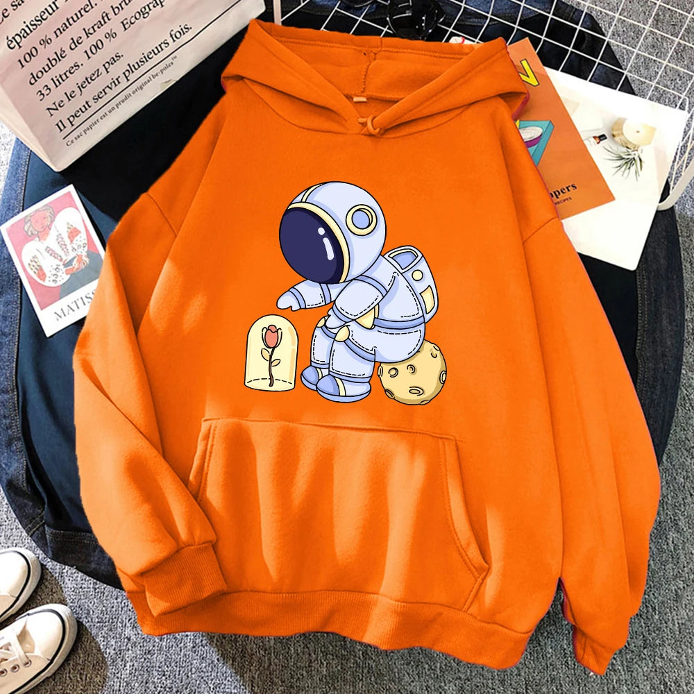 Funny Astronauts Protecting Flowers Pattern Female Clothes Fashion Warm Hooded Loose Casual Hoodies Fleece Pocket Women Pullover