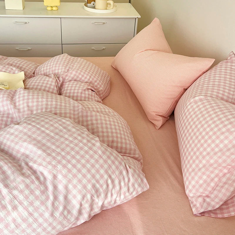 Simple Pink Stripe Bedding Set Washed Cotton Bed Flat Sheet Pillowcase Full Queen Bed Linen Adult Kids Duvet Cover Set No Filler