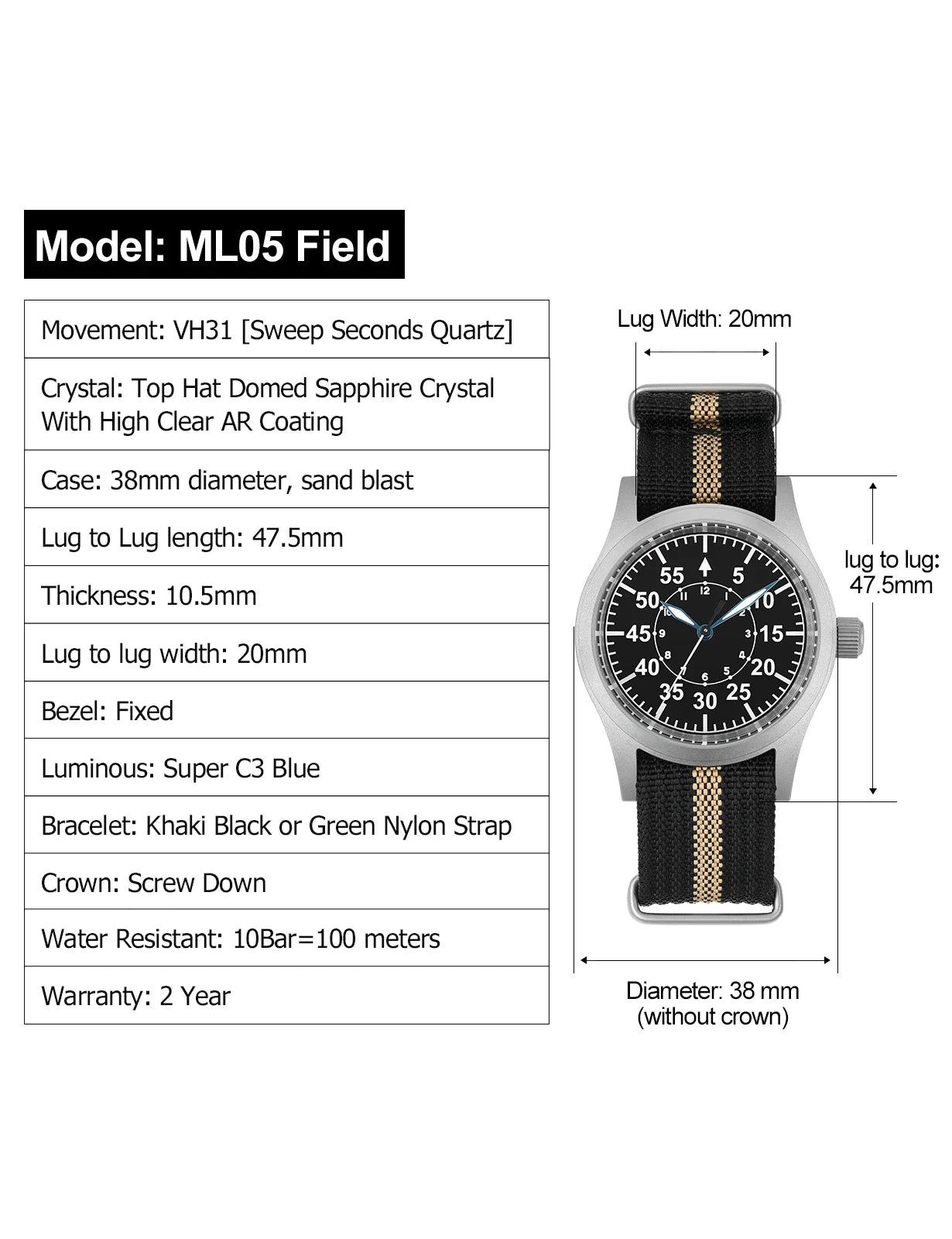 Militado ML05 38mm Men Watch VH31 Quartz Military Watches Domed Sapphire AR Coating 100m Waterproof Stainless Steel Wristwatch