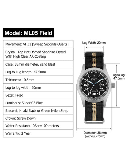 Militado ML05 38mm Men Watch VH31 Quartz Military Watches Domed Sapphire AR Coating 100m Waterproof Stainless Steel Wristwatch