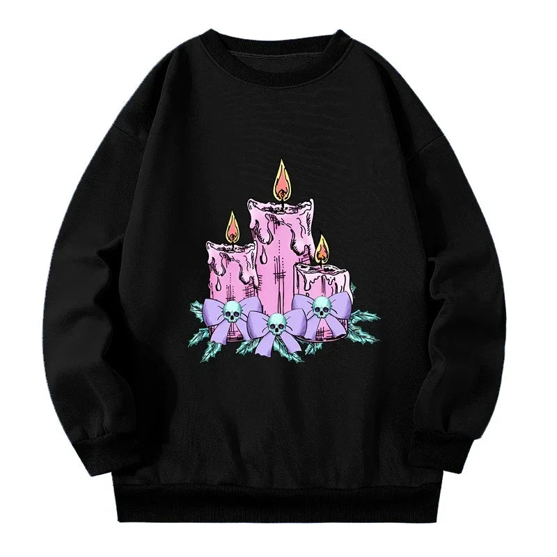 Pink XL-4xl Plus Size Female Sweatshirt Trendy Skull Candle Big Size Sweatshirt Autumn Spring New 2024 Woman Clothing