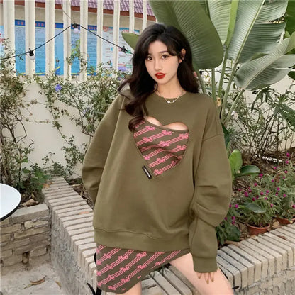 Women Clothing 2022 Spring Autumn Women Fashionable Heart Hollow Out Long Sleeve Hoodie Dress Casual Sweet Women Two Piece Set