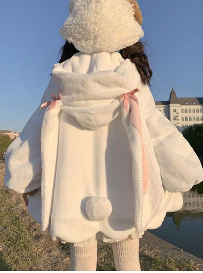 Japanese White Kawaii Plush Sweatshirt Jacket Casual Warm Rabbit Ears Hoodies Female Autumn Winter Cute Bow Sweatshirts Coats