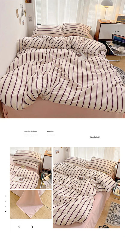 Pure Cotton Home Textile Blue Striped Bedding Set Simple Soft Duvet Cover Sheet Pillowcase Ins Style Bed Linens Queen King Size