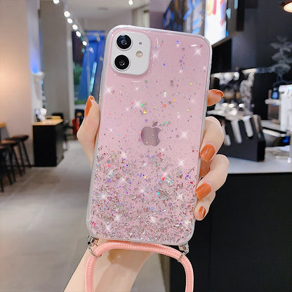 With Neck Strap Rope Cord Clear Glitter Case for iphone 11 12 13 14 15 pro max se 2 2020 2022 Crossbody Lanyard Cover Fundas