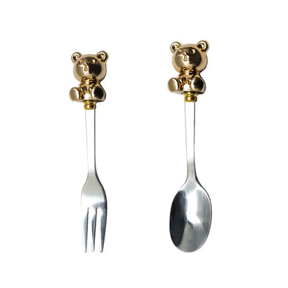 Korean Style Bear Coffee Dessert Spoon Fork 304 Stainless Steel Coffee Stirring Tea Dessert Scoop Cute Cartoon Bear Dinner Spoon