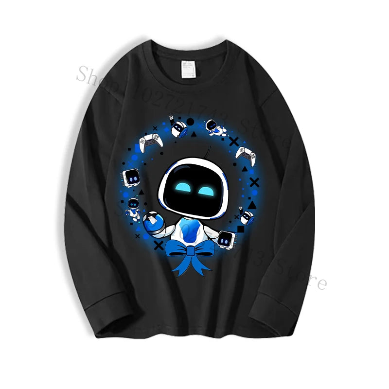 Astro Bot Adult Long Sleeved T-shirt Anime Fashion Black White Top Men Women Winter Travel Hip Hop Clothing Versatile Undershirt