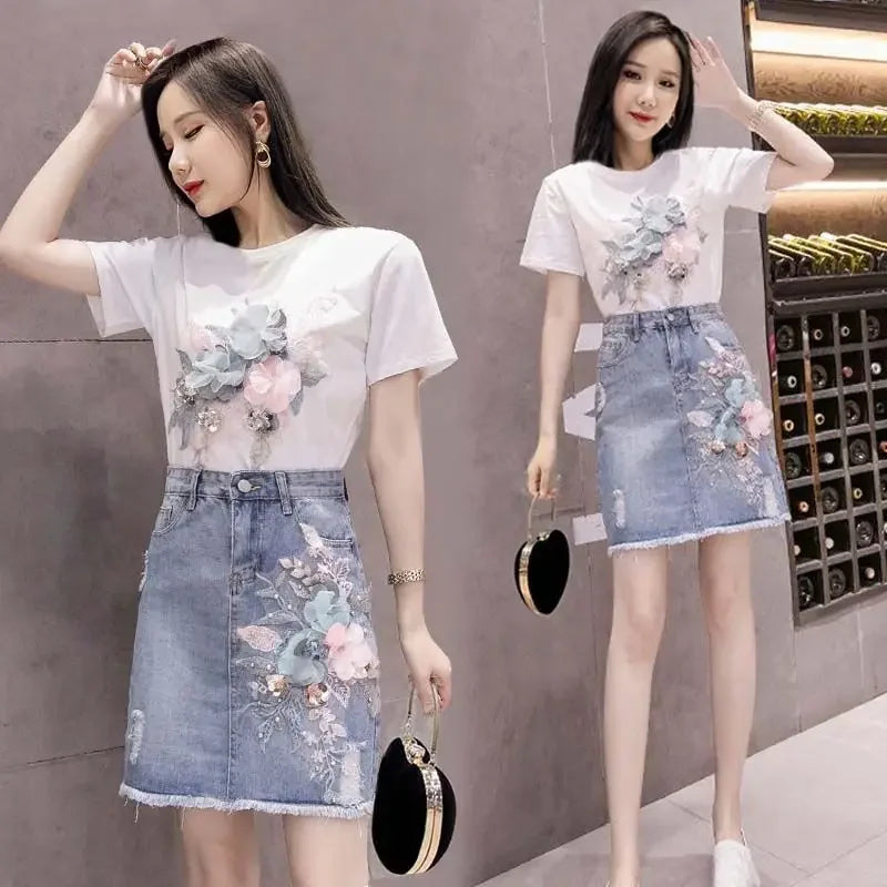 Kawaii Sequin Short Sleeve Skirt Woman Outfit Denim 2 Pieces Sets for Women Lightly Cooked Korea Luxury Designer Clothing Co Ord