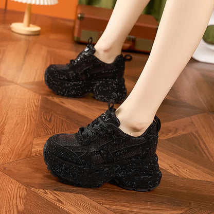 Women's Rhinestone Shoes Autumn Fashionable and Versatile Inner Height Increasing Women's Shoes Thick-soled Casual Sports Shoes