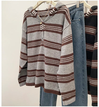 Plus Size Women's Clothing 2024 Autumn and Winter New Fashion Lazy Knit Sweater Chubby Girl Striped Hooded Sweater Jacket Coat